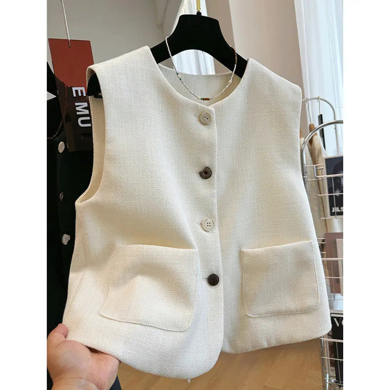 Women's French style bandage vest dress in milky white with round neck and sleeveless design