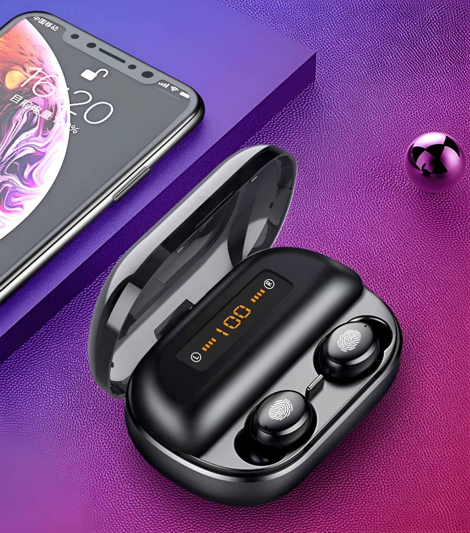 V11 Bluetooth true wireless earbuds in charging case with digital display, black and white options