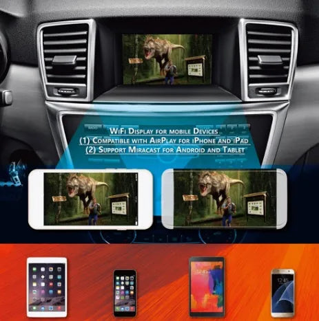 Black car mirror link box Wi-Fi converter with antenna, power cable and AV cable for streaming phone to car screen.