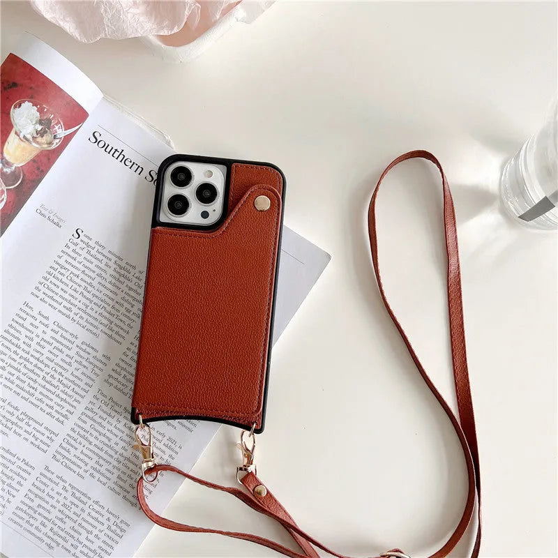 Creative flip crossbody phone case for iPhone 16 in black imitation leather with mirror card holder and lanyard