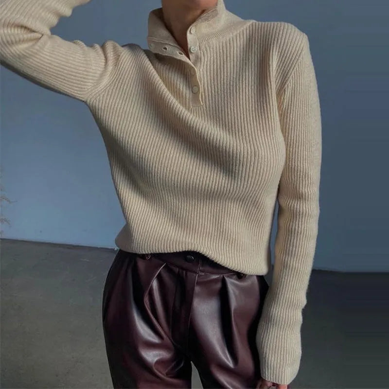 Retro breast half turtleneck pullover sweater slim fit silver gray core-spun yarn cotton lined