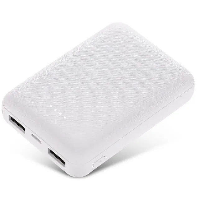Black and white ultra-thin 10,000mAh power bank showing multi-U port output and compact 90x63x22mm dimensions