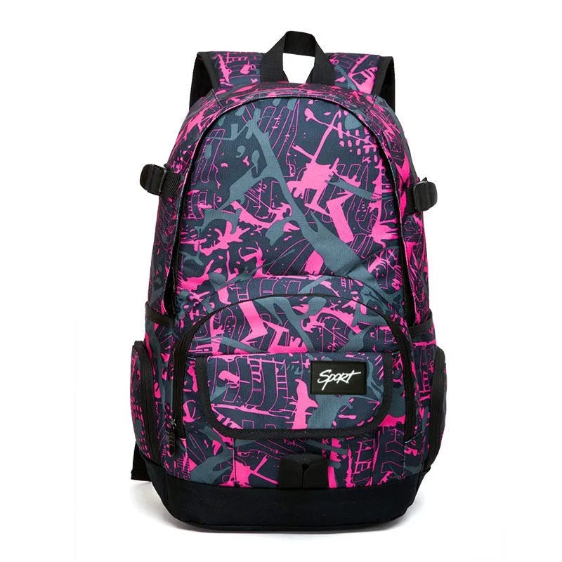 Classic blue nylon backpack with large main compartment, shown front view.