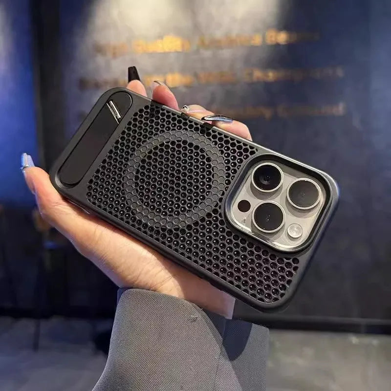 Magnetic suction breathable bracket phone case for Apple iPhone 16 Pro Max in titanium gray with metal acrylic build