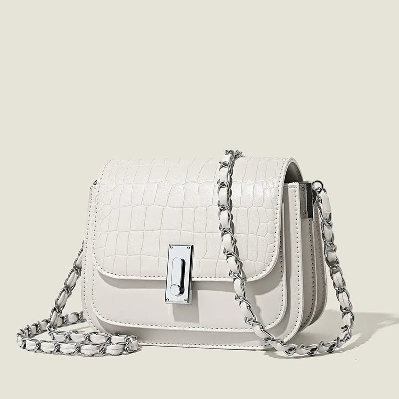 Women's soft PU chain shoulder bag in horizontal square shape with interior mobile phone pocket