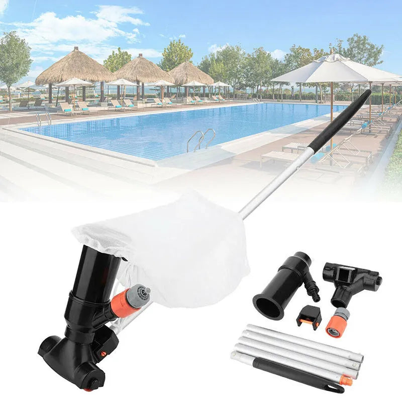 Portable pool jet vacuum cleaner suction head with plastic construction, mesh bag, and garden hose connector for underwater use