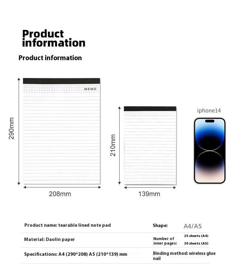 A4 tear-off meeting notebook pad with grid paper and wireless adhesive binding