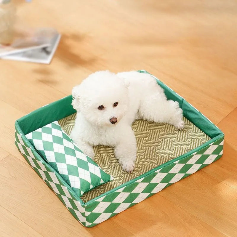 Blue woven rattan cat litter mat and bed in a medium size on a wooden floor.