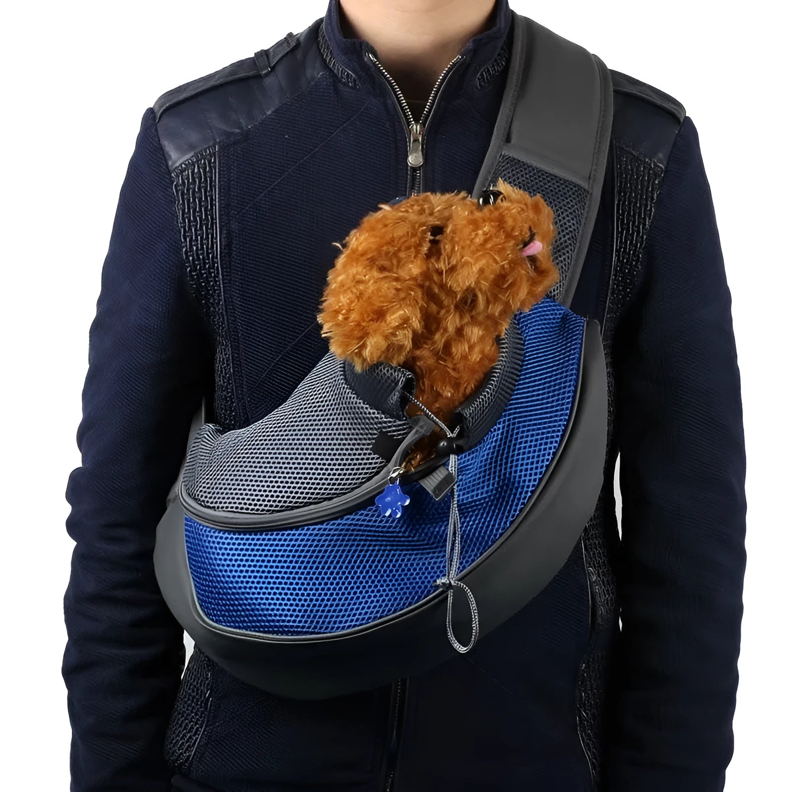 Pet backpack in blue with top handle and mesh ventilation panel, size S for pets under 5kg