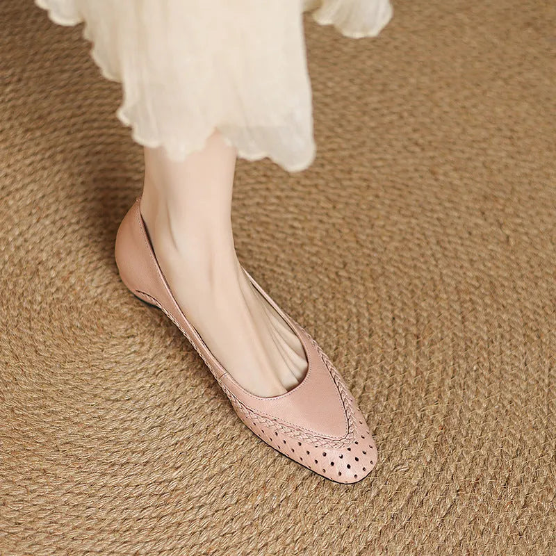 Women's shallow mouth hollow-out round toe mid heel sandals in beige goat skin with beef tendon sole