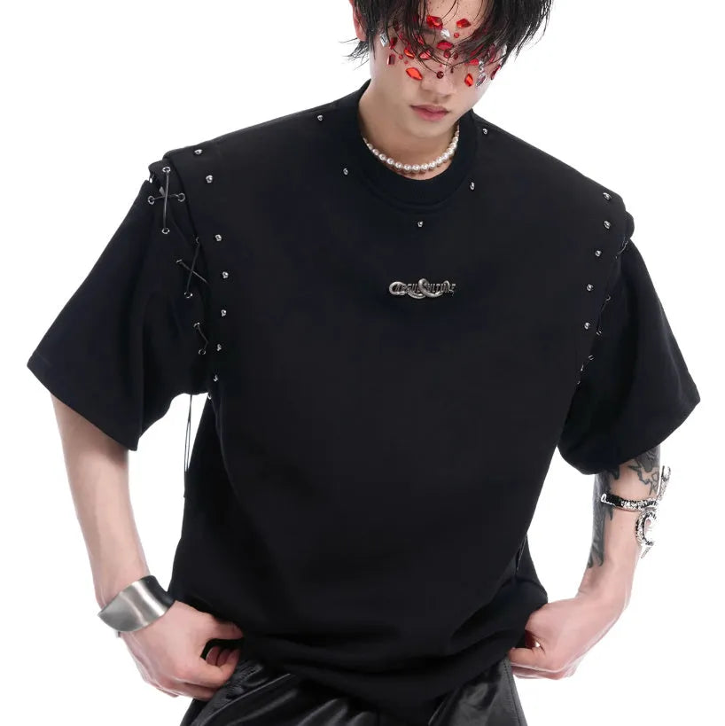 Short sleeve black t-shirt with lace-up cutout design on front