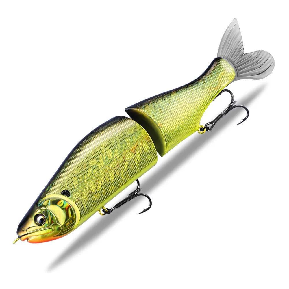 185mm plastic bass fishing swimming bait showing colour options and length measurement