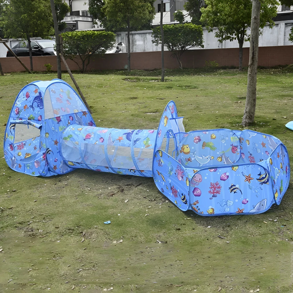 Children's three-in-one cloth play tent set with ball pool and tunnel in marine cartoon design