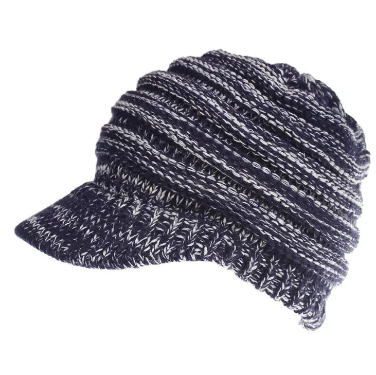 Women's grey knitted beanie with elastic opening at back for ponytail or bun hairstyle