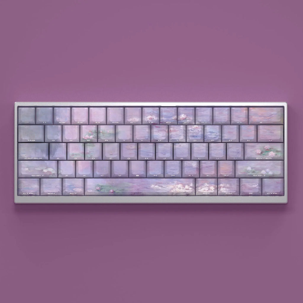 Wenshao Sleeping Lotus PBT keycap set with side-engraved translucent legends, showing 130 keys for mechanical keyboards.