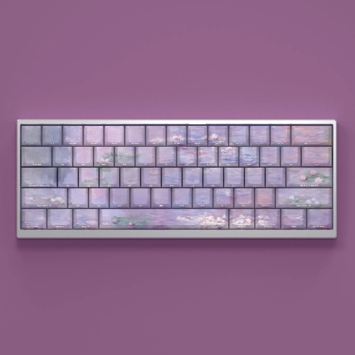 Wenshao Sleeping Lotus PBT keycap set with side-engraved translucent legends, showing 130 keys for mechanical keyboards.