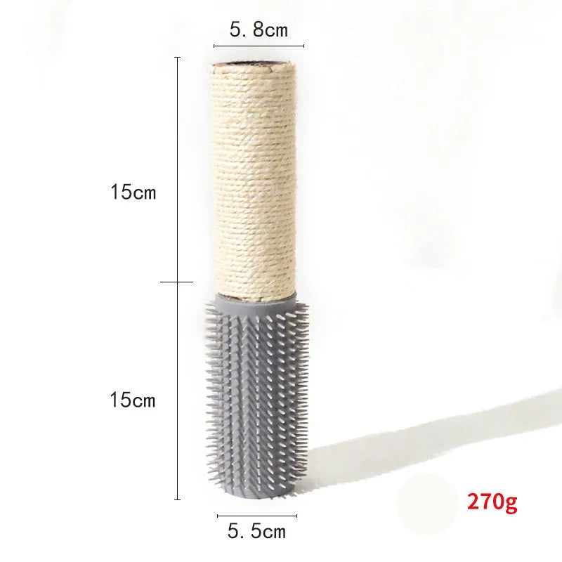 Brown sisal cat scratching post with face scratching device and toy attachment measuring 30cm tall