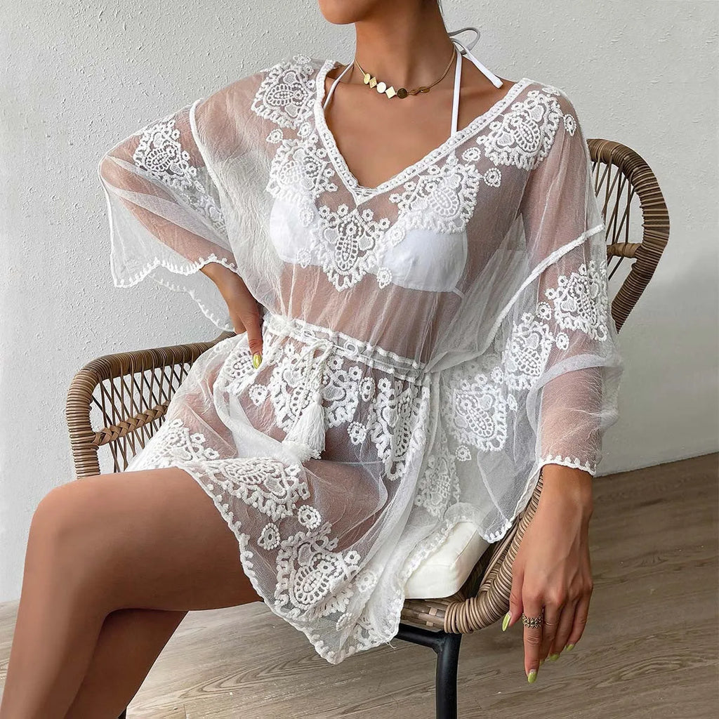 White water soluble polyester beach blouse free size women's beach cover-up