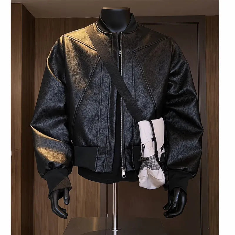 Men's black and brown PU litchi leather jacket with extended 100cm length and tight business fit