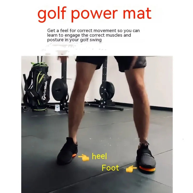 Orange golf training mat with centre of gravity zone for swing strength practice