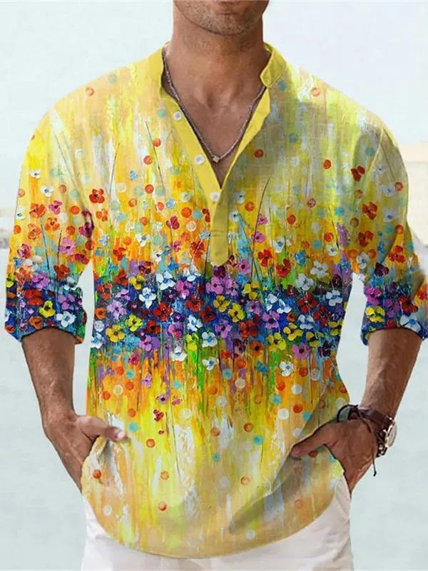 British style bamboo hemp short sleeve shirt with 3D thermal transfer stripe patterns in summer colours