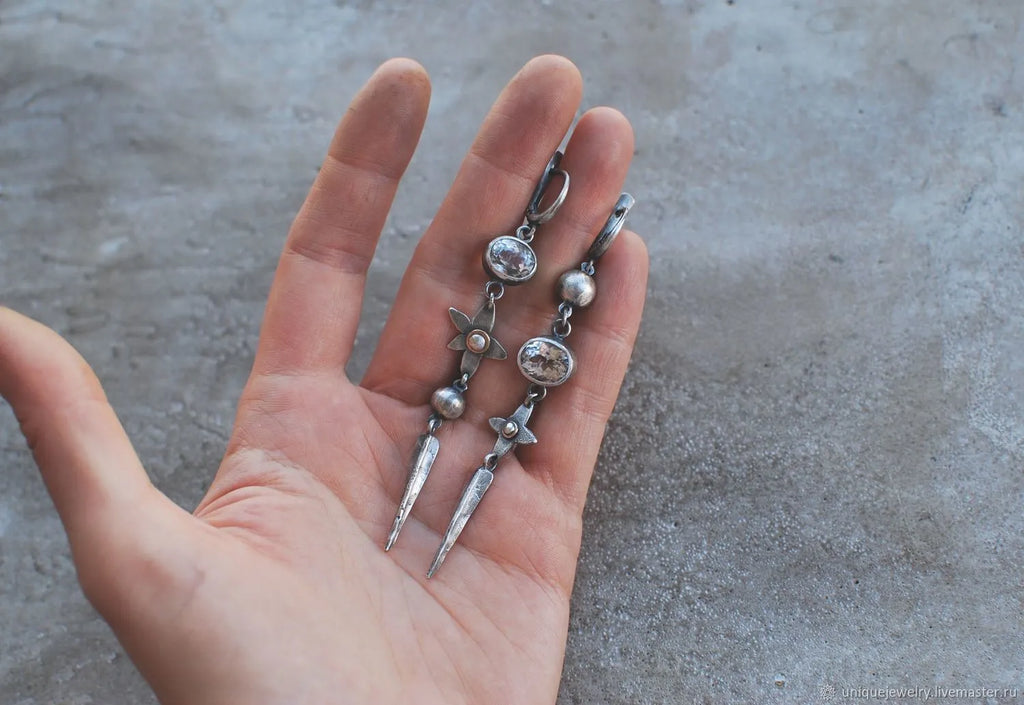 Geometric antique silver earrings with long rhinestone XINGX pendant drop design