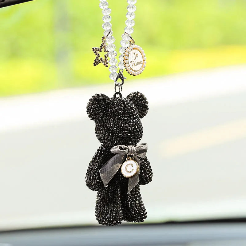 Diamond-embedded violent bear car rearview mirror pendant ornament in black, white, or mixed pastel.