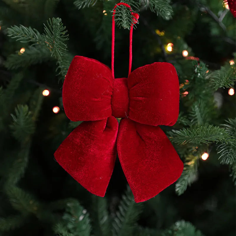 Red flannel bow Christmas tree ornament in large size with hanging loop