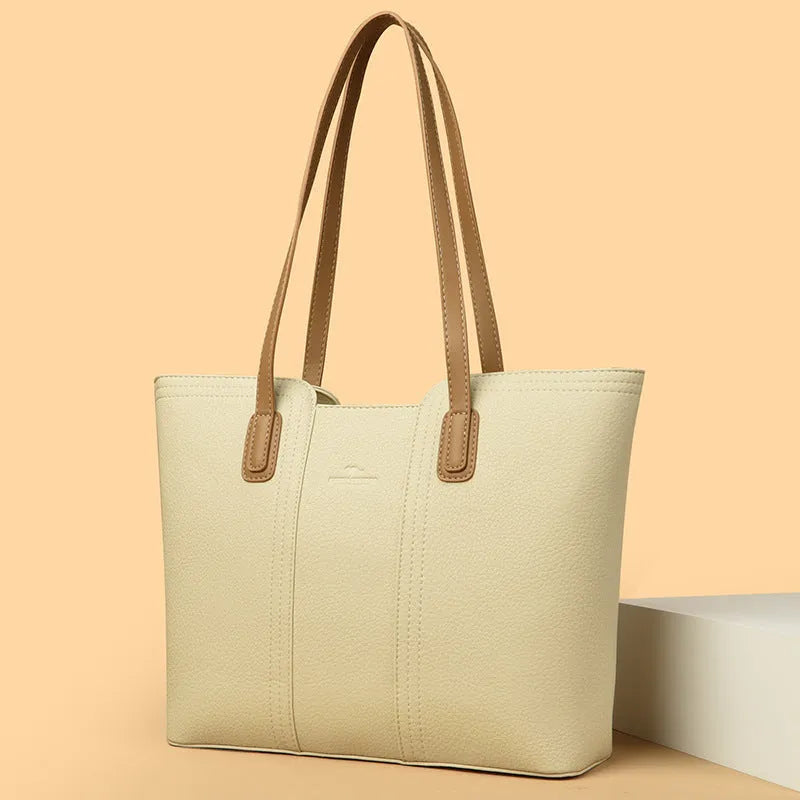 Women's genuine leather shoulder bag in light beige with high capacity and three-dimensional pocket, business commute style