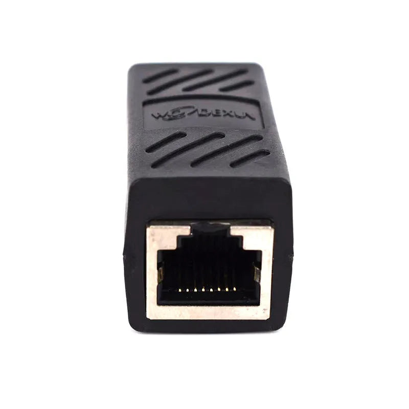 Black RJ45 network cable butt joint extender adapter with rotary union component