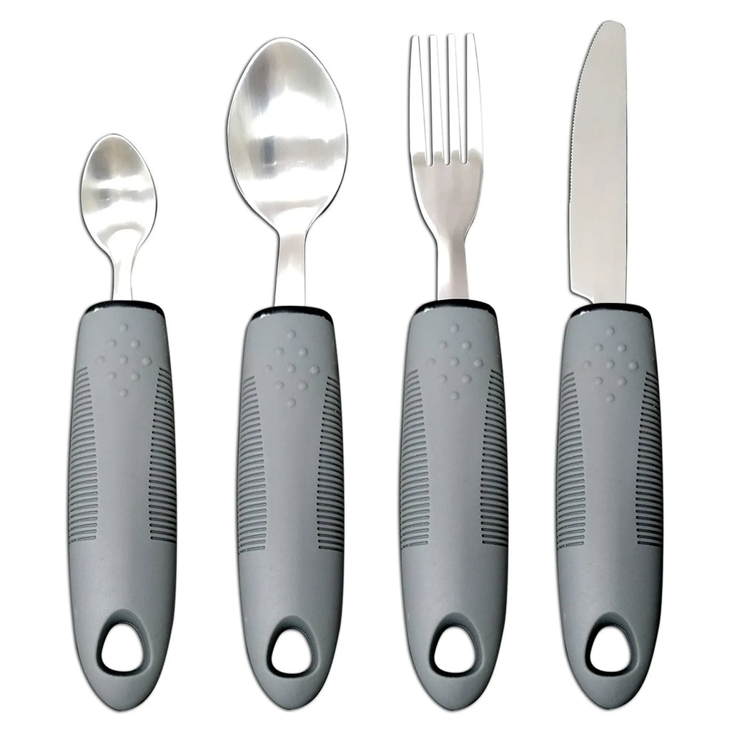 Stainless steel adaptive cutlery set with rubber handles for elderly tremor assistance