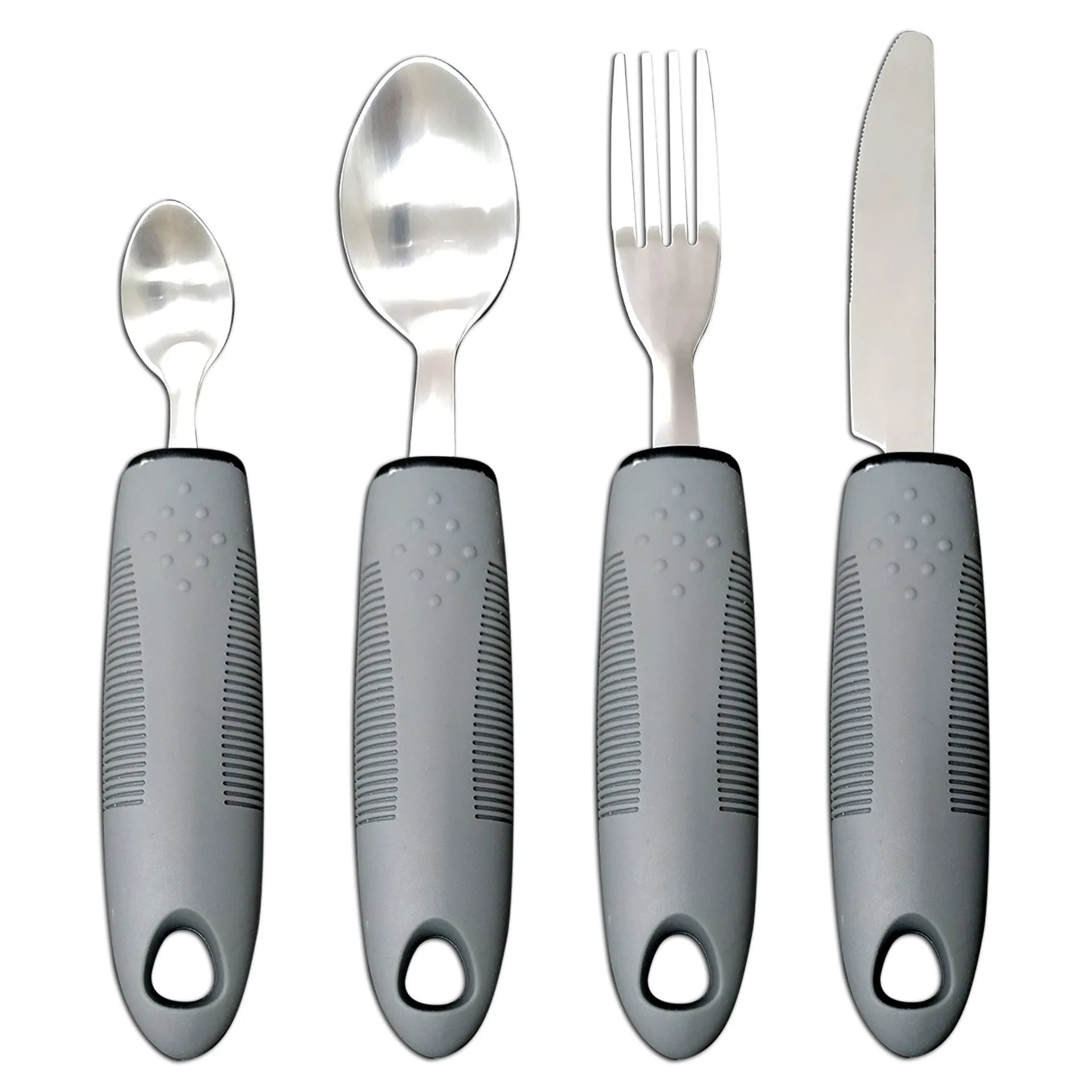 Stainless steel adaptive cutlery set with rubber handles for elderly tremor assistance