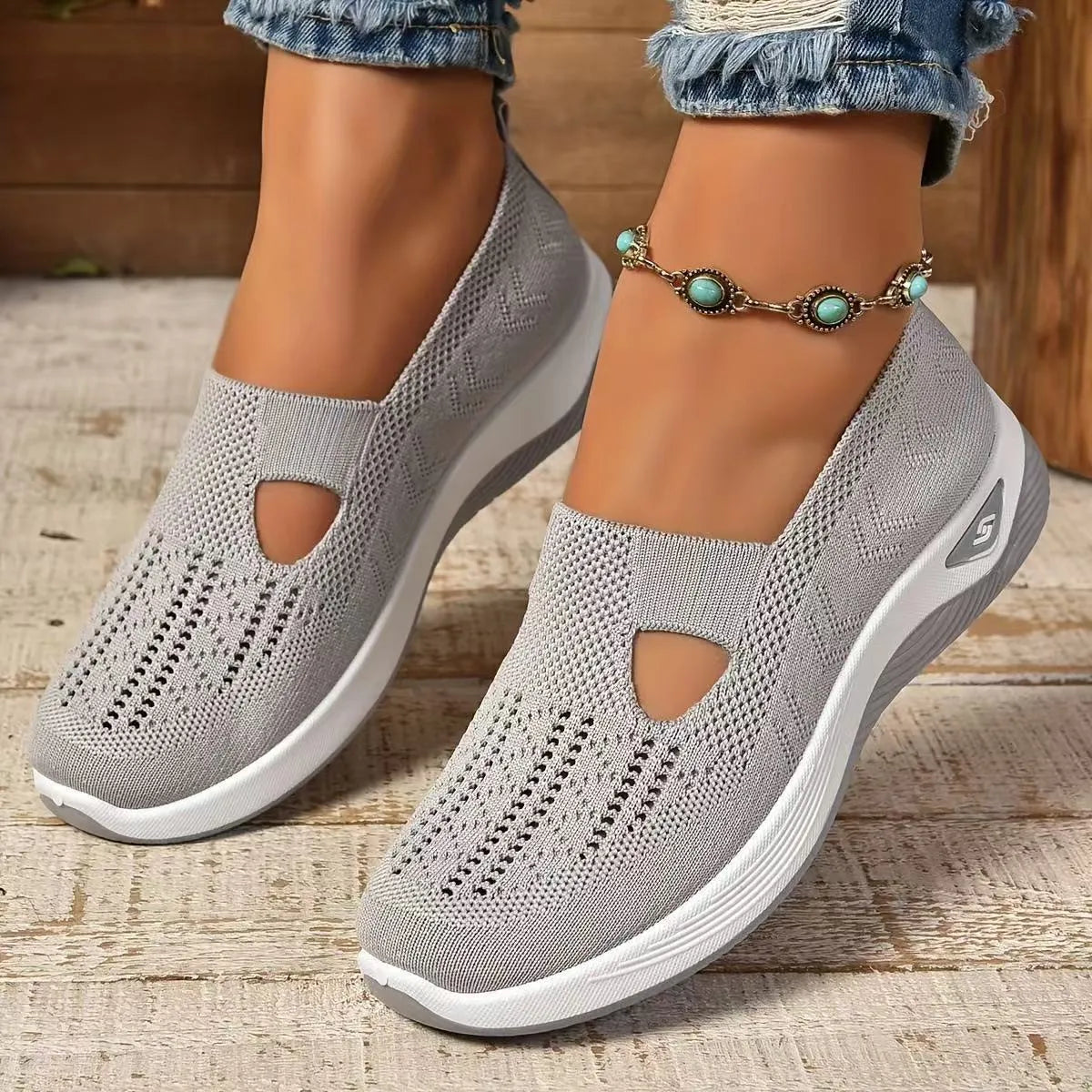 Casual mesh T-strap flat shoe for women in a selection of colours on a soft PVC sole.