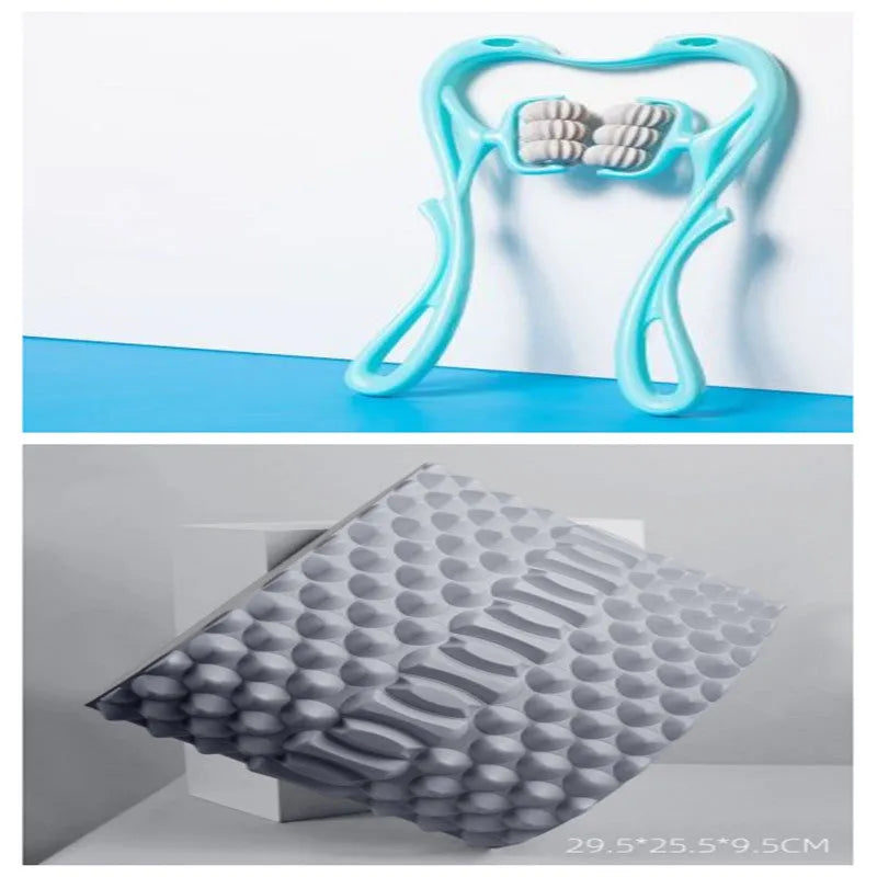 6-roller cervical neck massager in blue, ergonomic swan design, with 360° rotating massage balls and jade scraping board