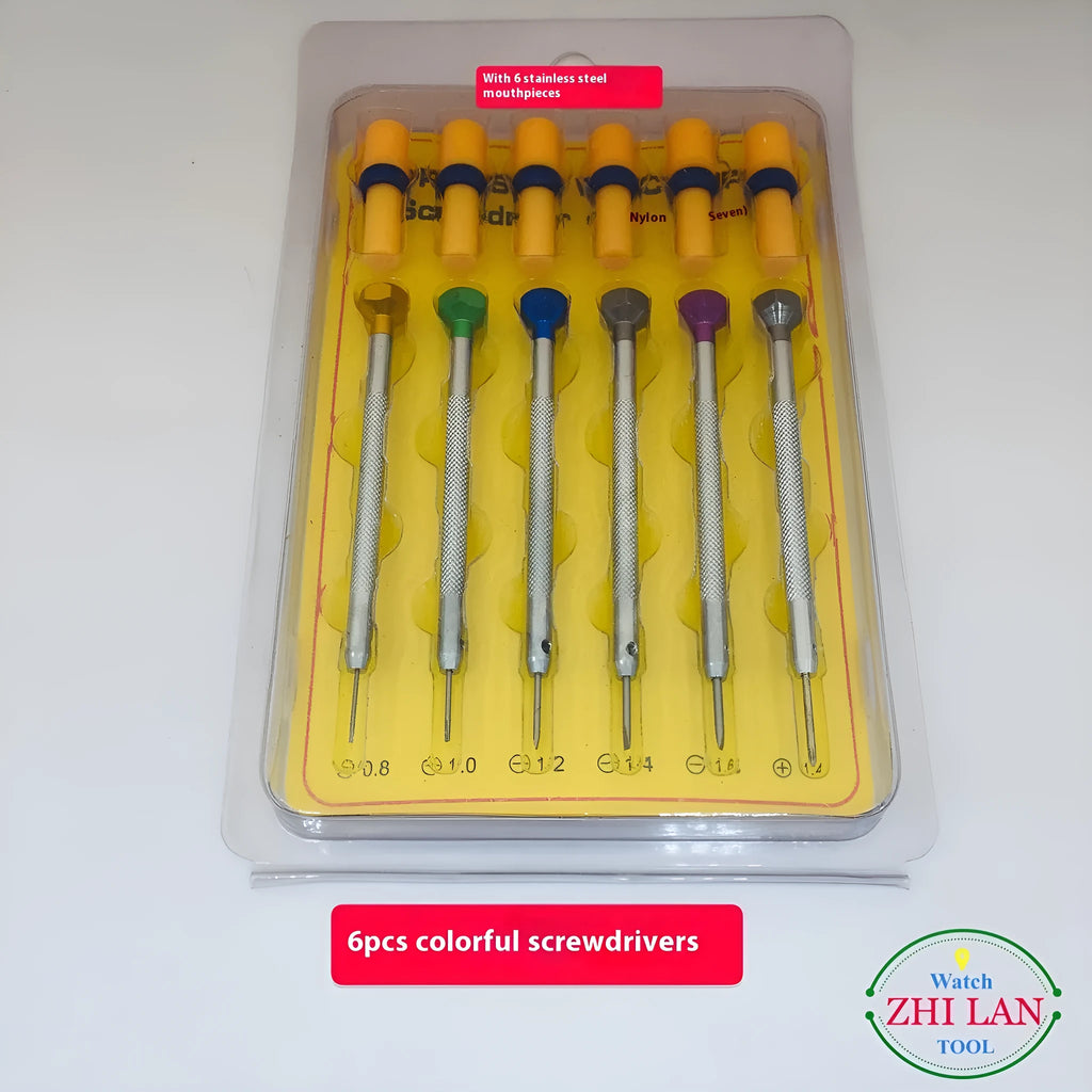 Set of six colour-coded aluminium handle screwdrivers and a meter tool for watch repair.