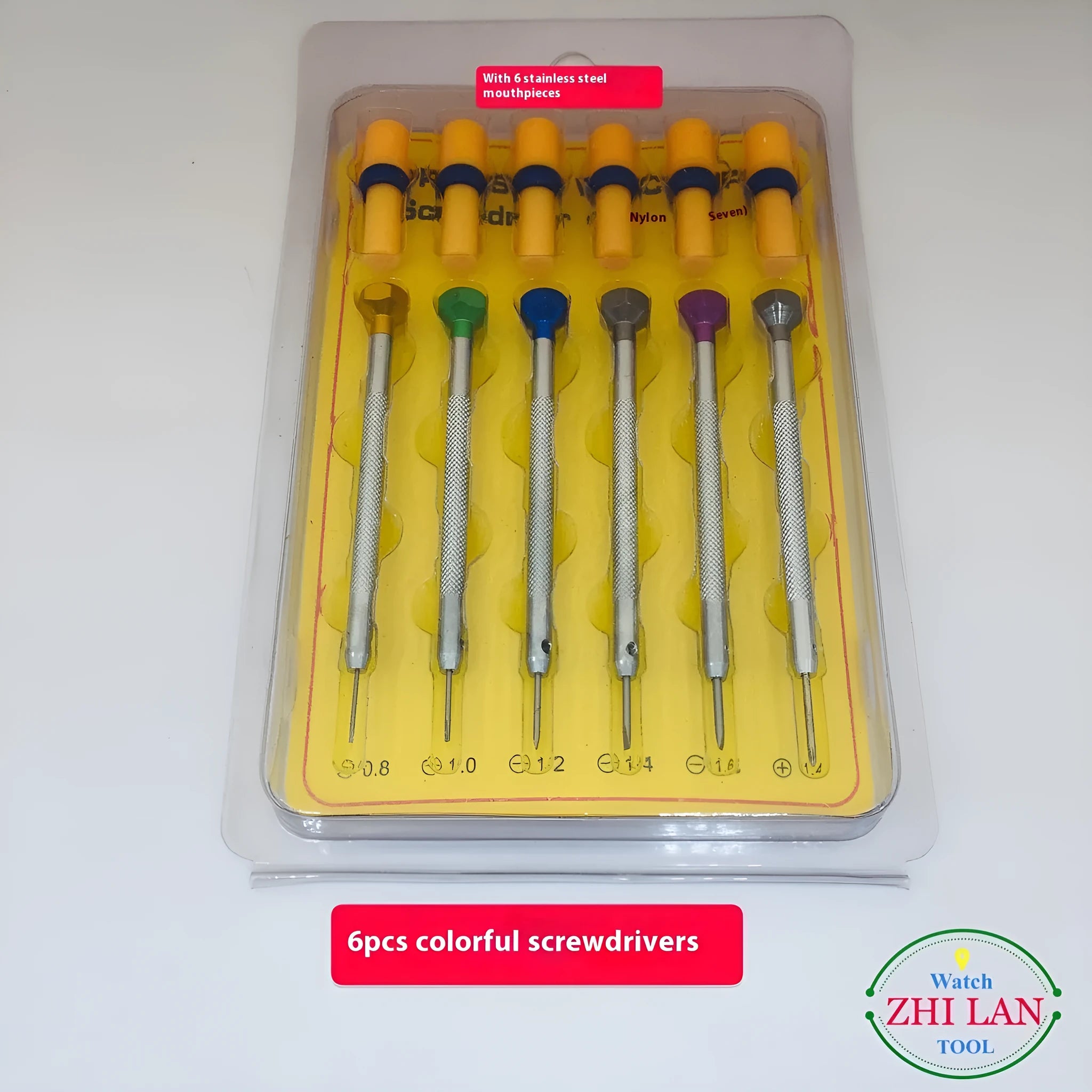 Set of six colour-coded aluminium handle screwdrivers and a meter tool for watch repair.