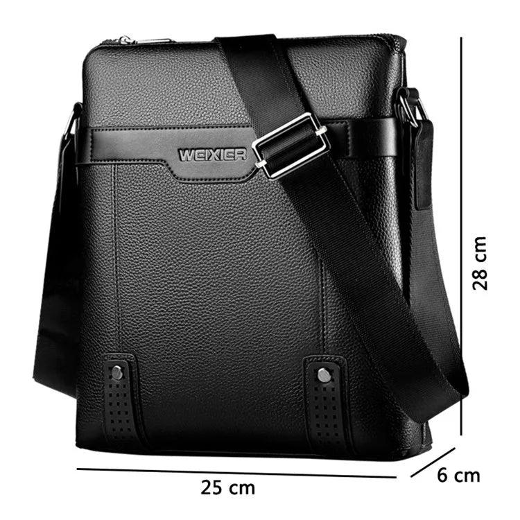 Men's PU leather messenger bag in black with zipper closure, soft body, and crossbody strap.