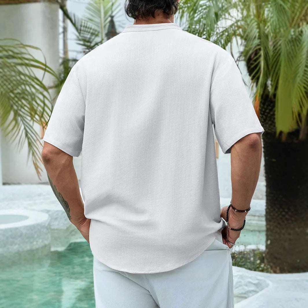 Men's deep V-neck casual summer shirt in cotton linen blend with multiple button closure