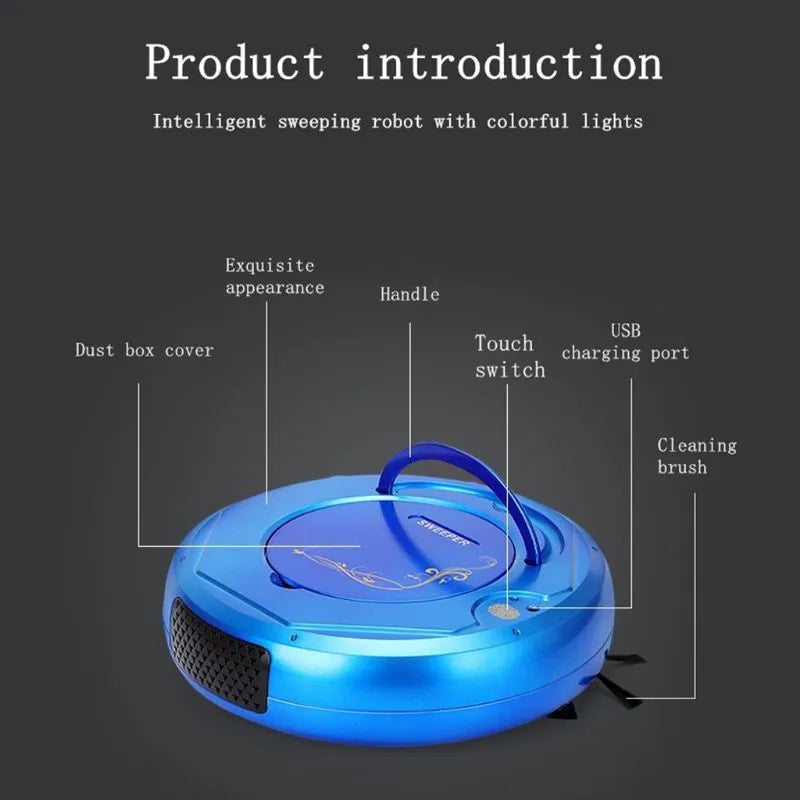 Lazy Smart floor sweeping robot vacuum cleaner in blue, black, or white colours with charging cable and cleaning accessories