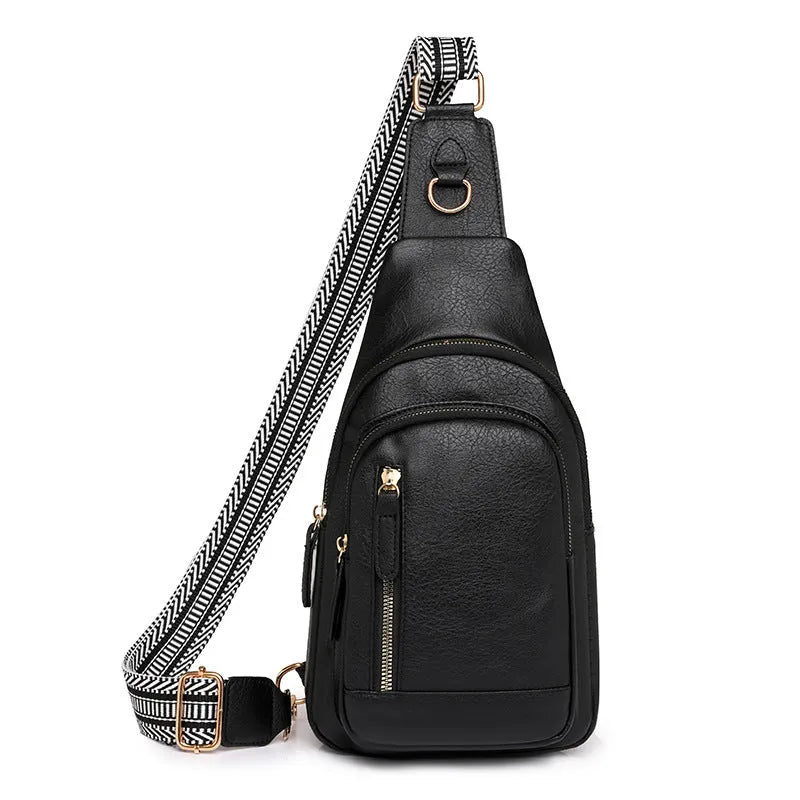 Soft brown PU women's crossbody chest bag with open front pocket and adjustable strap.