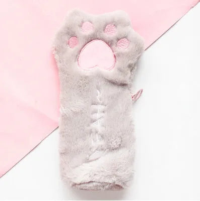 Cute plush cat paw bag Korean style in soft plush fabric, 23cm by 12.5cm, available in beige brown grey pink