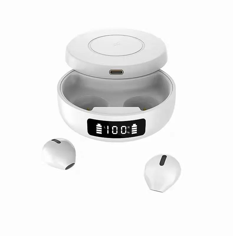 Mini semi-in-ear wireless headphones in black, colour, or white with compact charging case