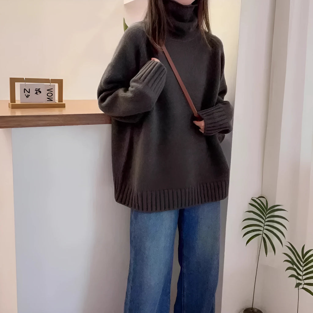 Women's loose turtleneck sweater with thick curling pile collar in red camel grey or black
