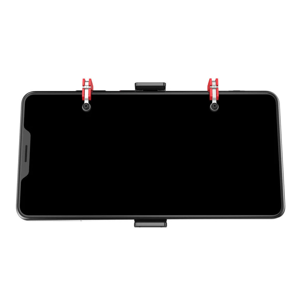 Black mobile phone game trigger handle bracket showing adjustable sliding trigger and telescopic fixing clip.