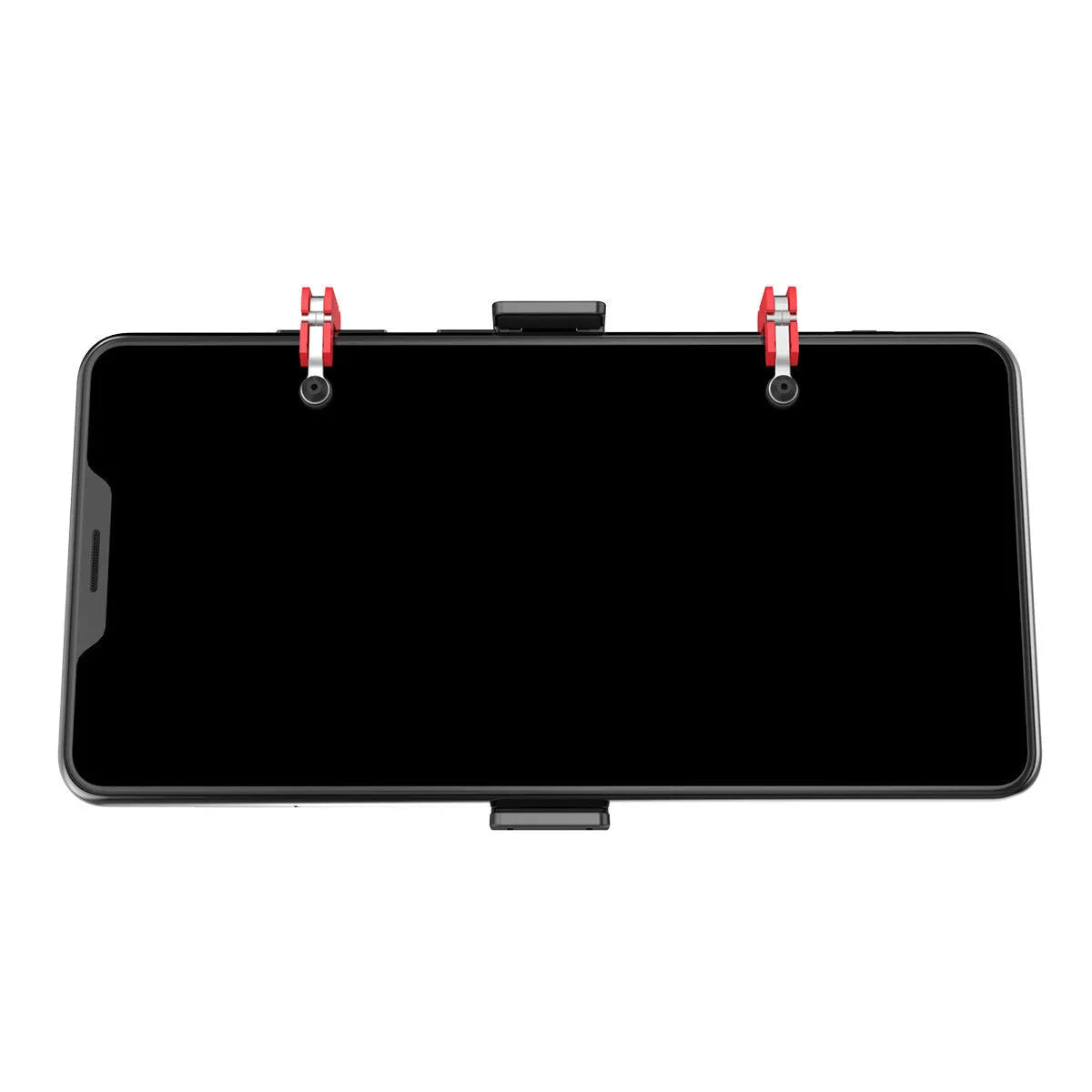 Black mobile phone game trigger handle bracket showing adjustable sliding trigger and telescopic fixing clip.