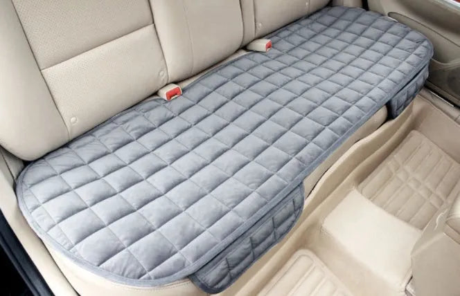 Checkered embroidered plush non-slip car seat cushion in beige with cotton fabric, three-piece set