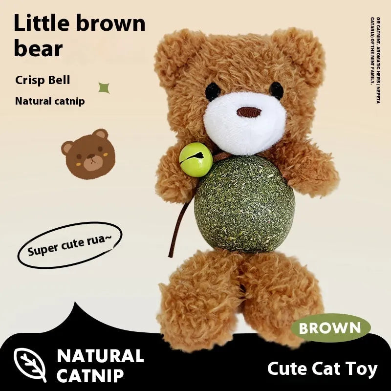 Plush catnip toy with bell showing Brown Bear design measuring 15cm height