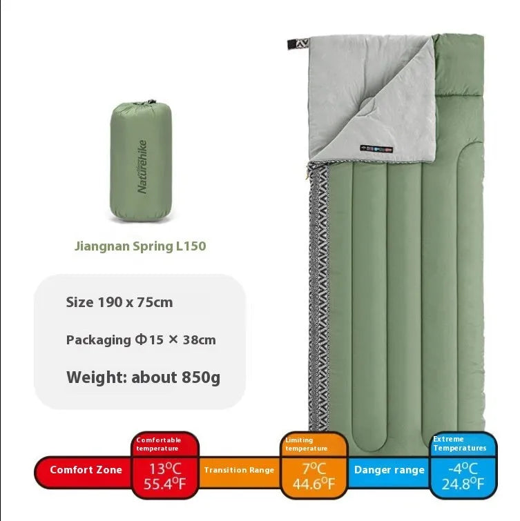 Four seasons portable camping sleeping bag with storage bag in swamp colour option