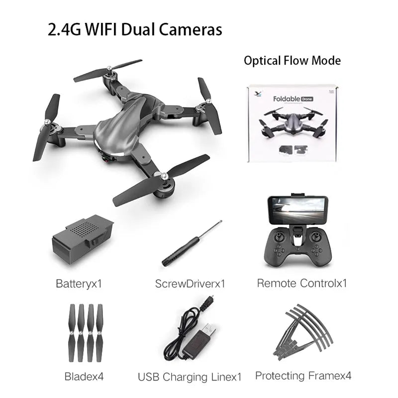 Black and gray four axis drone with 1080P camera, 33.2 cm width, on a plain background