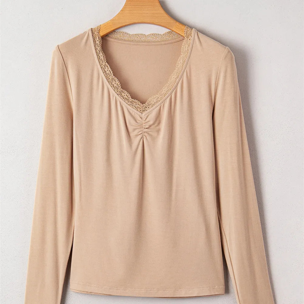 Red women's long sleeve casual top with lace trim hem in slim fit Japanese-Korean style